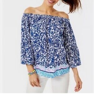 Lilly Pulitzer Nevie Off the Shoulder Blouse Oyster Bay Blue Krillin It Size L